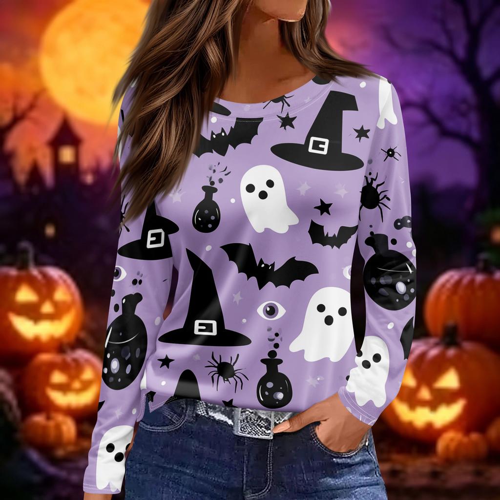 Women's Halloween Print Long Sleeve Pullover Top Round Neck Split Hem Casual Loose Fit Lightweight Sweatshirt
