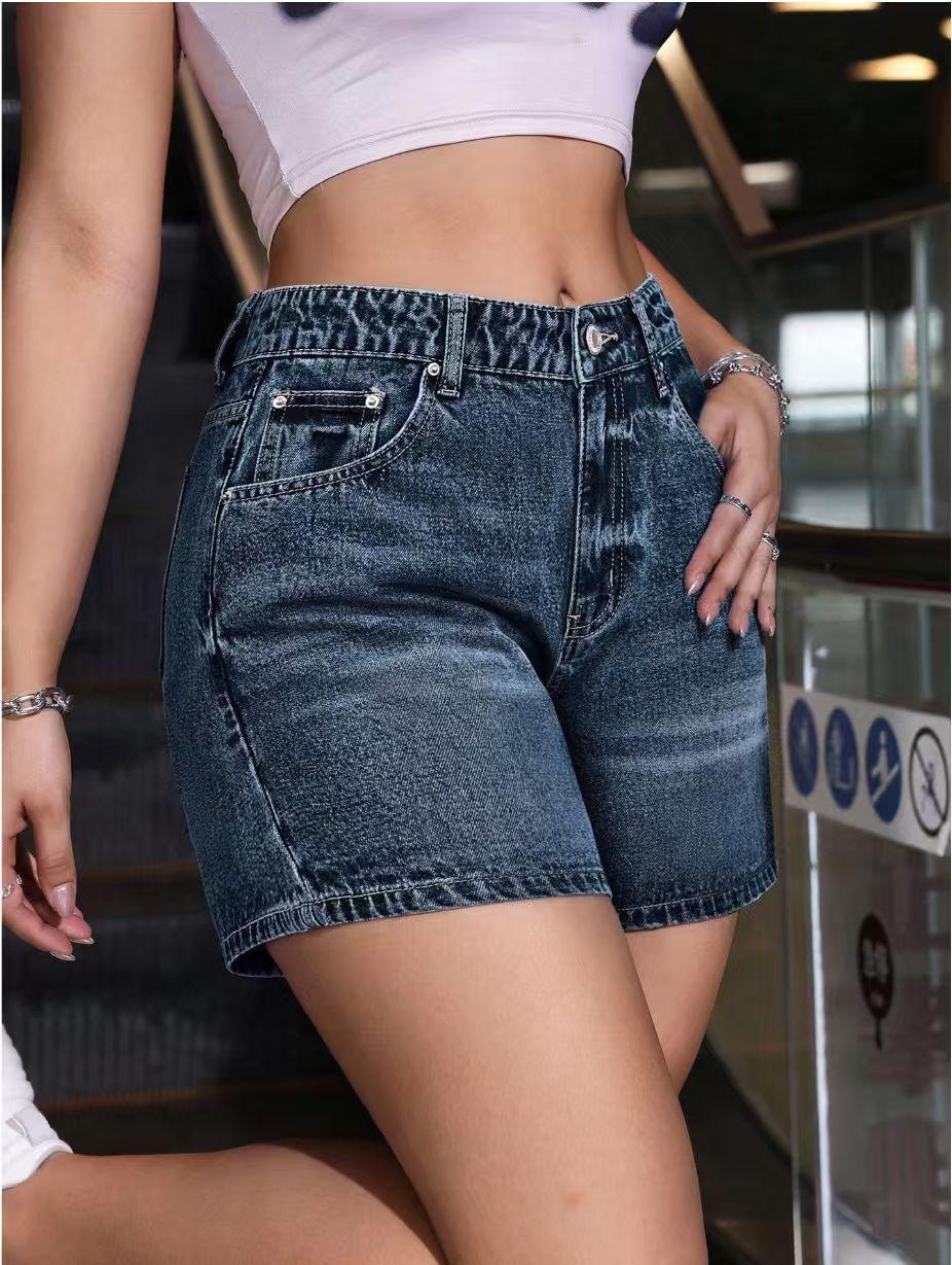 

New High-Waisted Loose-Fit Denim Shorts: Simple, Fashionable Style for Women Large темно-синий