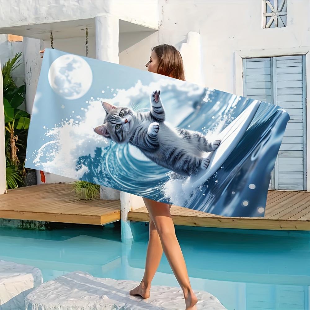 Funny Surfing Cat Microfiber Beach Towel 1 Piece Set 2D Flat Printed Sandproof Waterproof Holiday Sea Surf Sunbed Lounger Towel