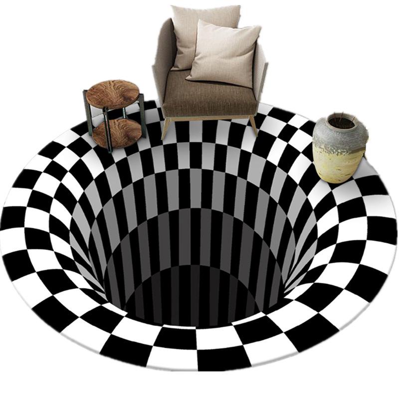 3D Černobílý Geometrický Spirálový Kulatý Koberec – Stereoskopická Podložka na Podlahu do Obývacího Pokoje, Ložnice, k Konferenčnímu Stolku.