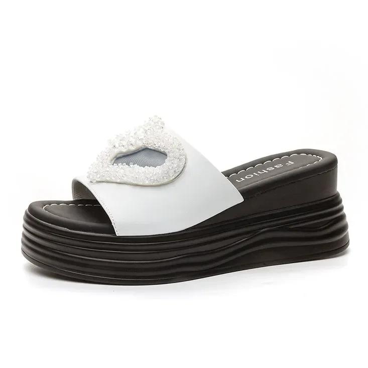 

7CM Genuine Leather Flats Summer Peep Toe Sandal Slippers Pumps Platform Wedge Flats Fashion Fashion Slip on Women Shoes 39 белый