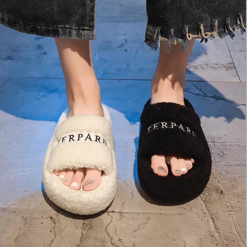 Internet celebrity one-word fluffy slippers women's autumn 2025 new popular versatile thick bottom heightening plush cotton drag outside wear