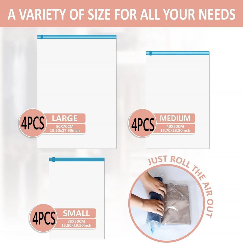 12PCS Compression Bags Travel Reusable Roll Up Vacuum Storage Bags Space Saving Packing Bags for Suitcases Organizer
