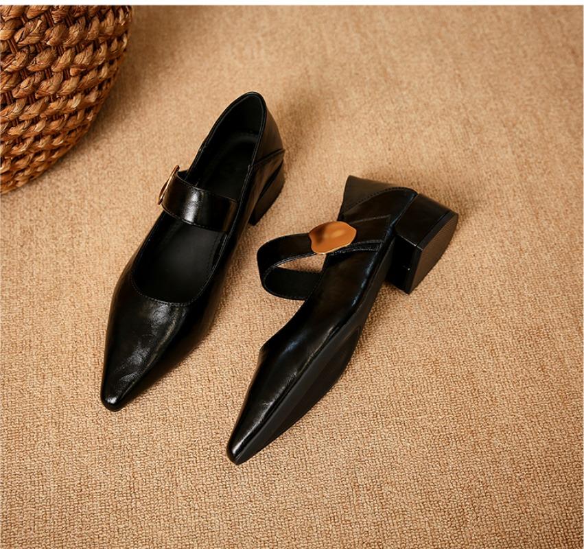 Women's Coarse Heel Shoes Autumn New Pointed Head Shallow Mouth Metal Buckle Anti-slip Wear-resistant Low-top Shoes