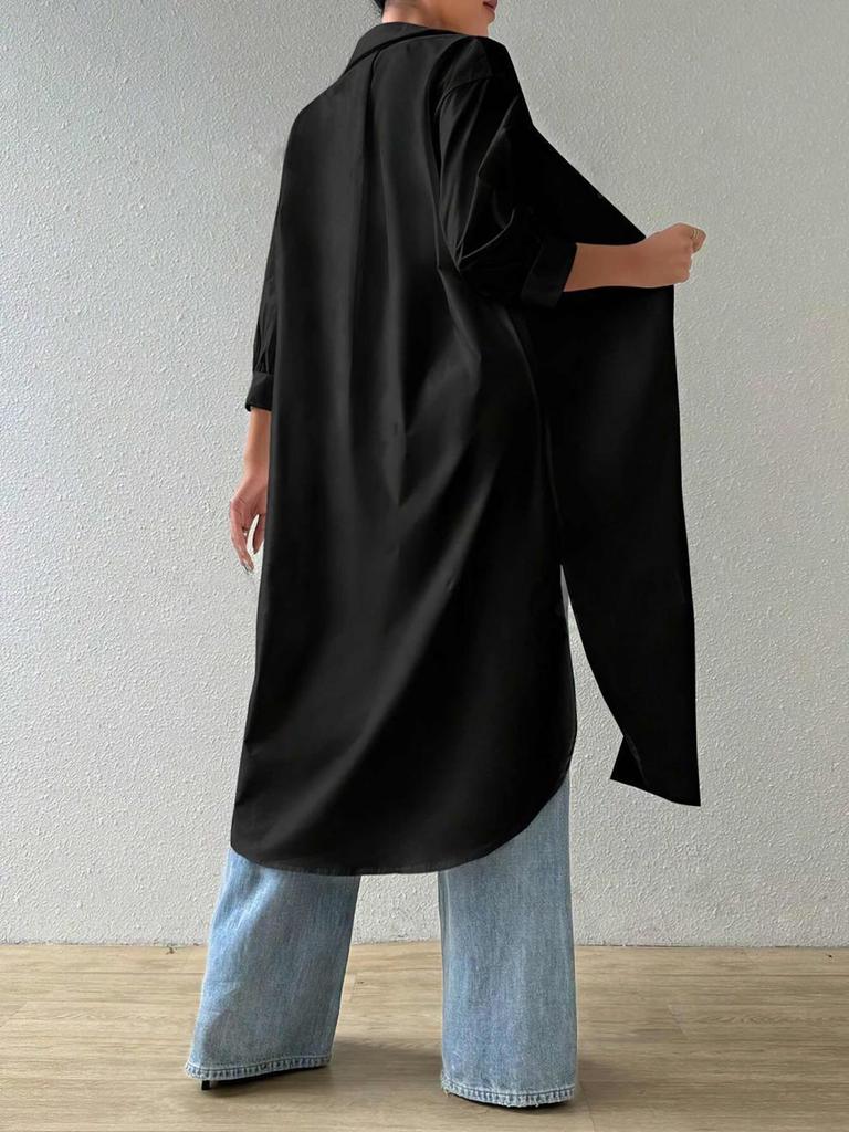 Women's Mid-Sleeve Solid Color Cardigan Shirt Dress