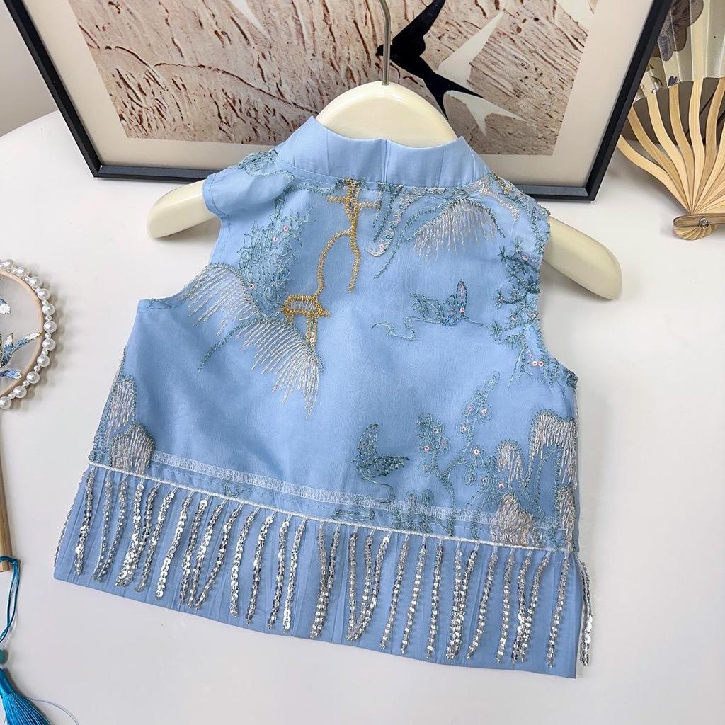 Girls' Summer Embroidered Tassel Vest & Long Pants Set