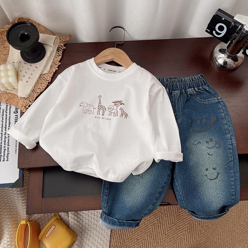 Boys' Suit 0-5 Years old children's Casual Long sleeved shirt Jacket Round neck White cartoon Top Denim pants Three piece set Boys' baby Clothes