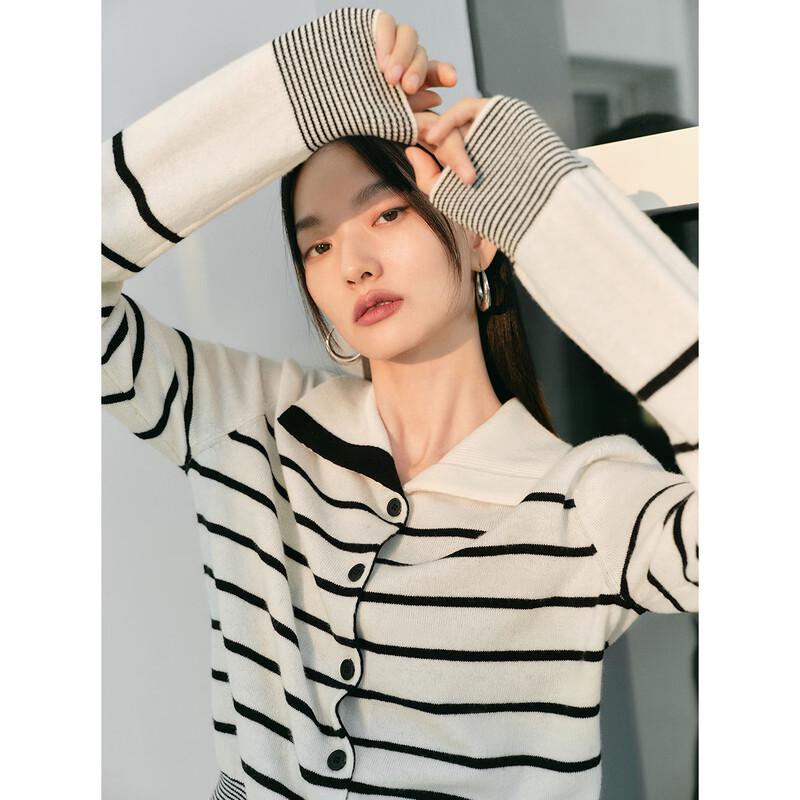 PEACEBIRD Women's Slim-Fit Color-Block Stripe Lapel Knit Sweater