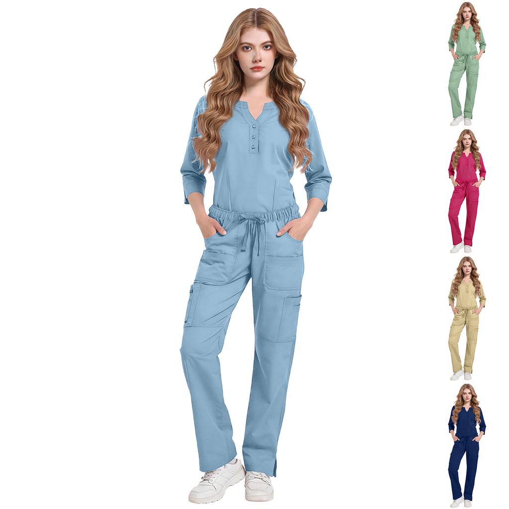 Women's Button-down, Comfortable, Casual, Lightweight, Mid-length Sleeve, Sweat-wicking, Heat-dissipating Scrub Shirt Set