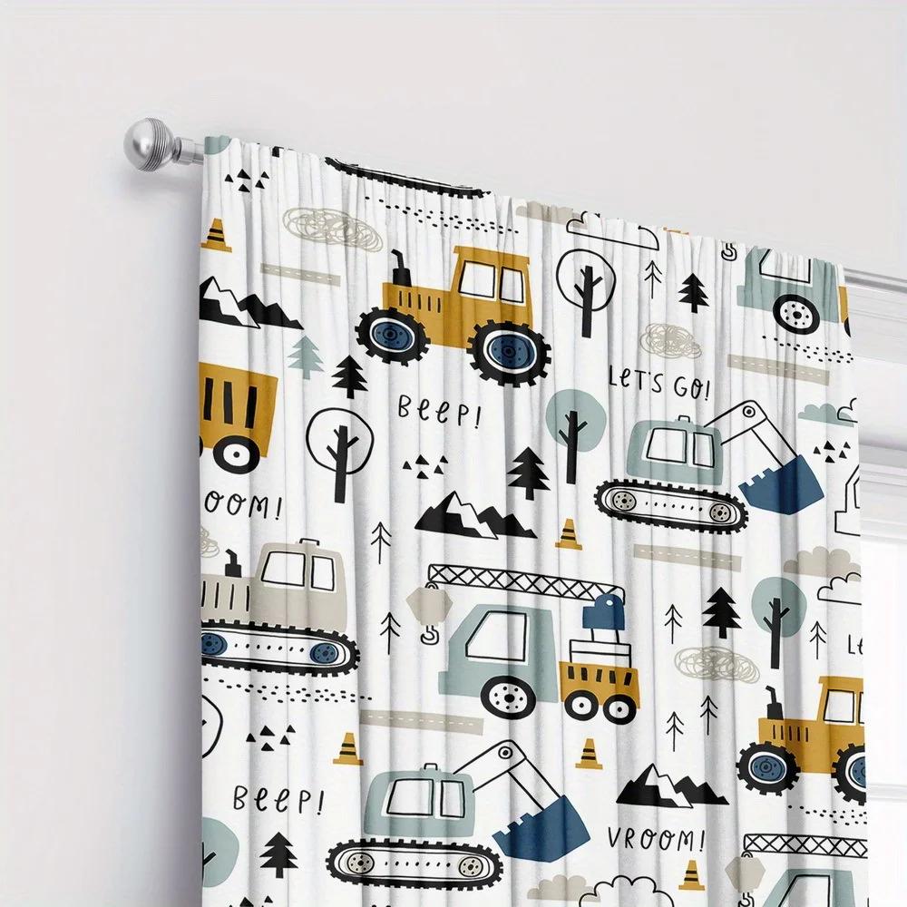 Cartoon Engineering Vehicle Printed Curtains Christmas Decorations Bedroom Living Room Home Decoration Curtain Made Of Polyester Washable Area Ready