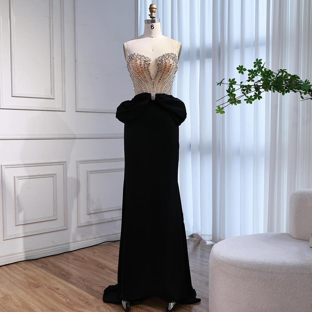 Black bow fishtail evening dress crystal beads high-end thin wedding performance dress LA11010