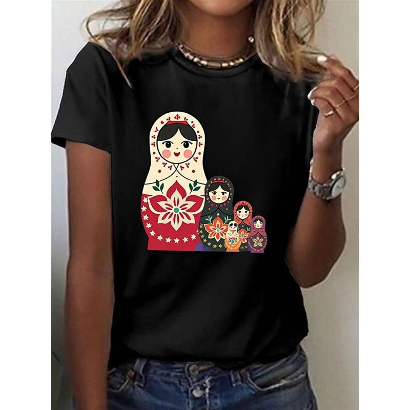 Women's Russian Matryoshka Nesting Doll Print T-Shirt Black Multicolor Crew Neck Short Sleeve Casual Summer Top