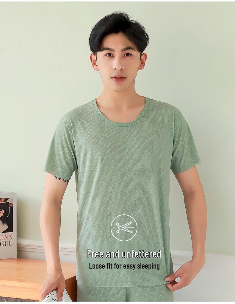 Men's Ice Silk Short Sleeve Pajama Set with Round Neck, Ribbed Shorts, and Versatile T-shirt for Indoors and Outdoors