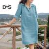 Women Dress Loose Three Quarter Sleeves Solid Color Lapel Knee Length Soft A Line Casual Spring Summer Midi Dress