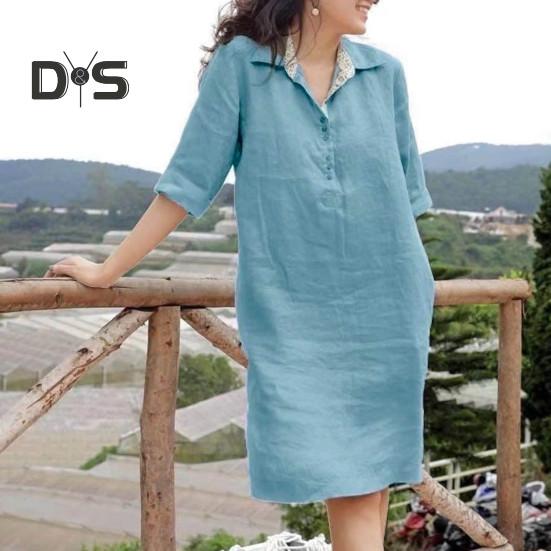 Women Dress Loose Three Quarter Sleeves Solid Color Lapel Knee Length Soft A Line Casual Spring Summer Midi Dress