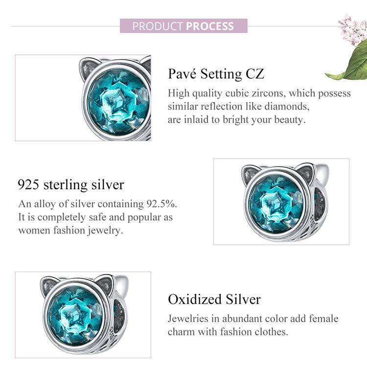 BAMOER Cute Cat Gem Bead 925 Sterling Silver Prívesok so vzorom kryštálovej hviezdy pre originálny náramok na náramok pre domácich majstrov