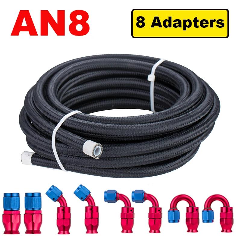 10FT 3M Universal AN4/6/8/10 PTFE Fuel Line Kit Nylon Stainless Steel Braided PTFE Fuel Hose with 8pcs Hose End Fitting Adapters