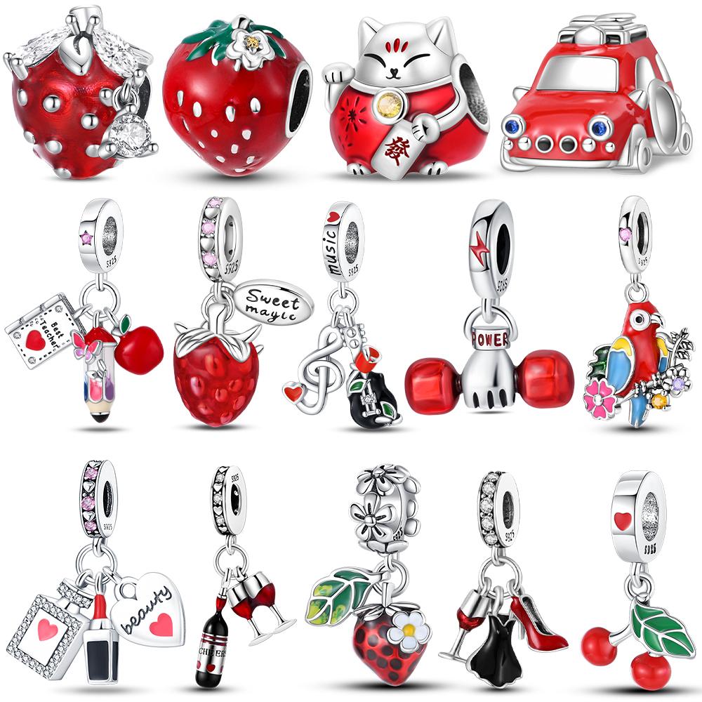 Fashion Woman Red Charms Copper Strawberry Ladybird Cars Lipstick Beads Fit Pandach Original Bracelets Diy Jewelry Gift
