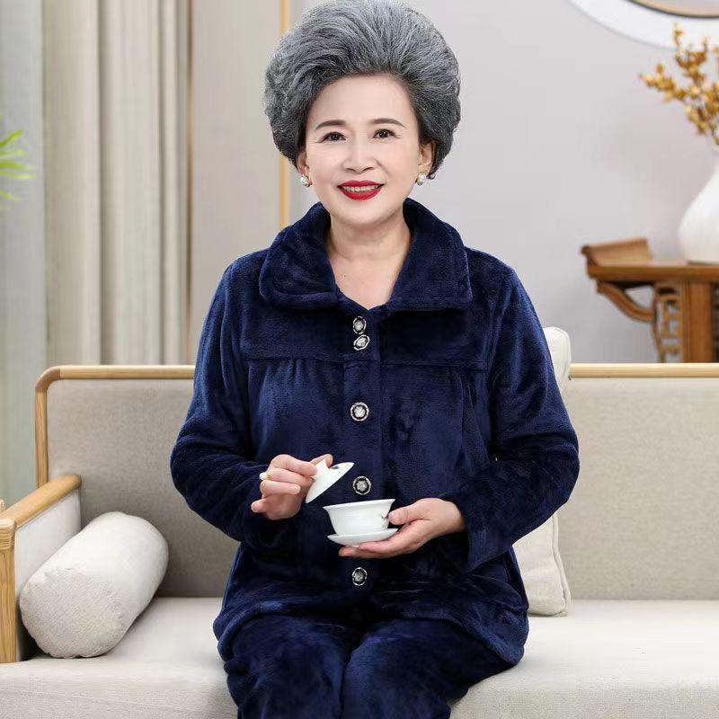 Women's Plus Size Flannel Pajama Set for Autumn & Winter - Warm, Loose-Fit Homewear for Middle-Aged & Elderly Ladies