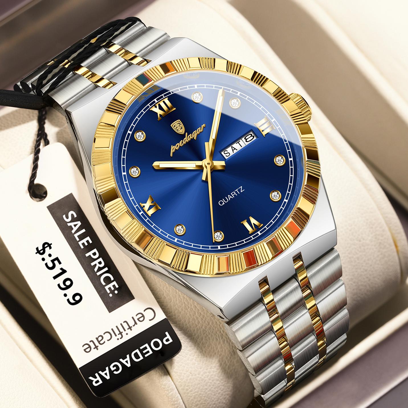 Montre de Luxe Business pour Homme Étanche Lumineuse Semaine Date Montre-Bracelet pour Homme Acier Inoxydable Montres à Quartz Tendance bleu
