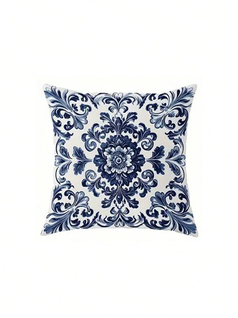 Bohemian Blaue Weiße Florale Kissenbezüge, Beidseitiger Druck, Reißverschluss, Sofa Schlafzimmer Dekor (Kissenkern nicht im Lieferumfang enthalten)