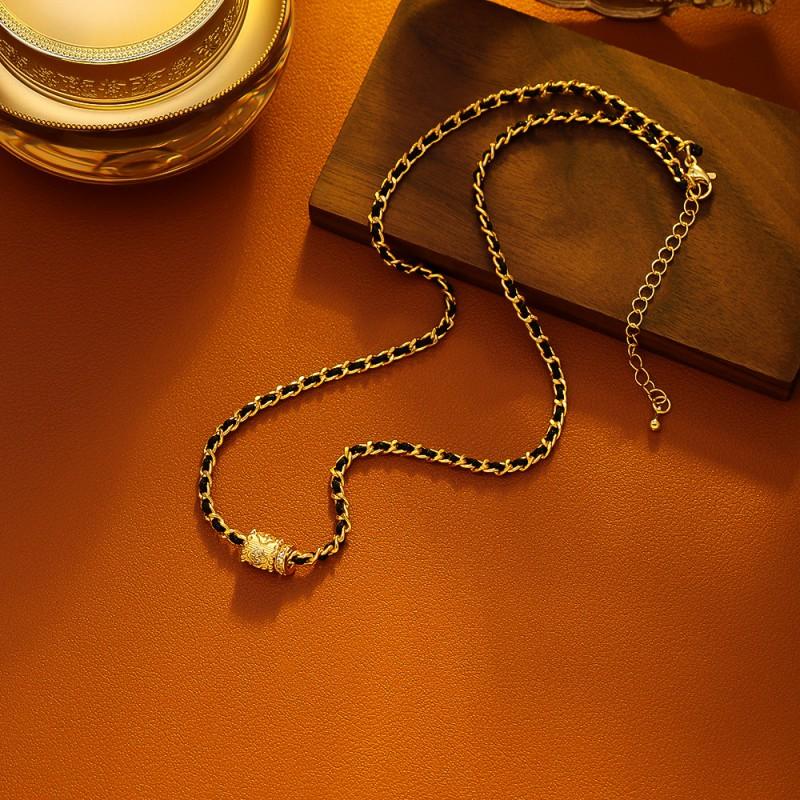 Vintage Chic Gold-Black Woven Choker Necklace Women Geometric Pendant Copper Chain Jewelry