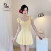 Seaside One-piece Swimsuit Women's High-end Flying Sleeves Square Collar Slimming Conservative Skirt Solid Color Small Chest Gathers Slightly Fat