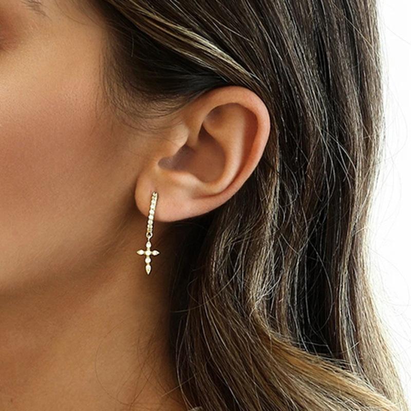 Stainless Steel Crystal Zircon Lightning Cross Hoop Earrings For Women Cartilage Earrings Piercing Jewelry New