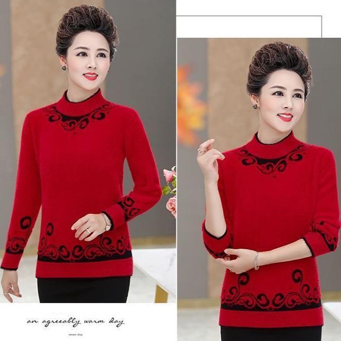Women's Fleece Sweater Autumn Winter Thick and Warm Printed Plus-Size Sweater Loose Stretch Knit Pullover Top