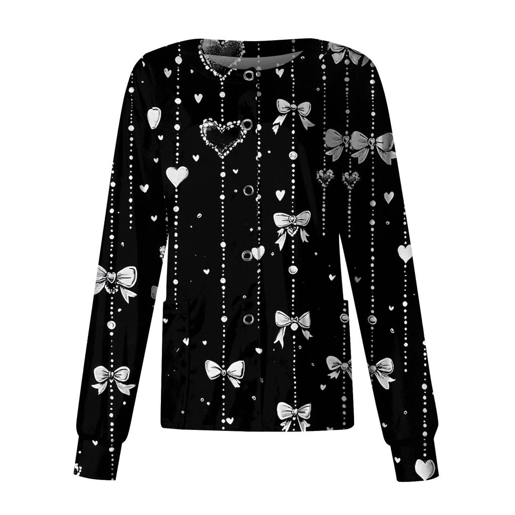 Women's Casual Fashion Long Sleeve Standing Collar Single Breasted Valentine's Day Print Workwear Jacket Tops
