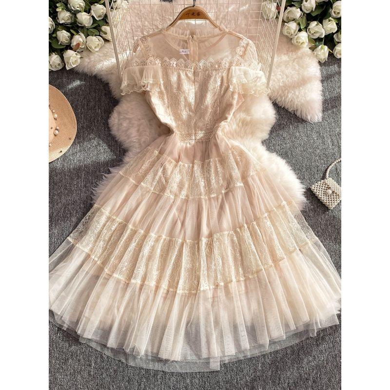 Stylish Mesh Long Dress Female 2024 Summer New Arrival Socialite Elegant Ruffle Sleeve Waist Trimming Short-Sleeved A- line Dress