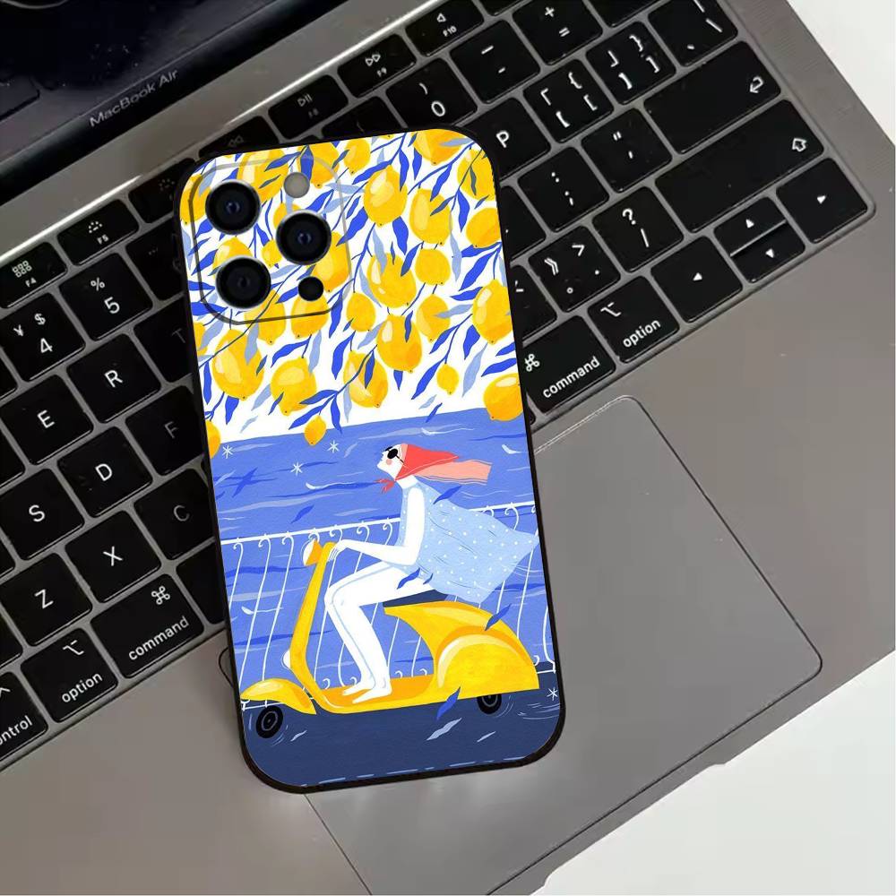 Mediterranean Lemon Fruit Art Phone Case For iPhone 17,16,15,14,13,12,11 Plus,Pro Max,XS,Soft Silicone Black Cover