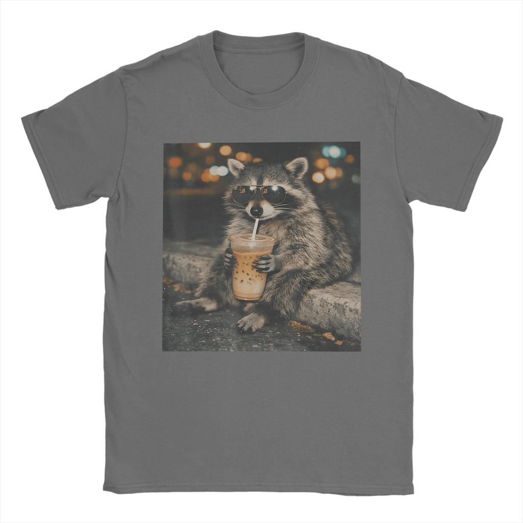 Raccoon Drinking Iced Coffee Funny Animal Meme Cotton TShirt For Mens Beach TShirts ONeck Tee Shirt Oversized Cheap Tops