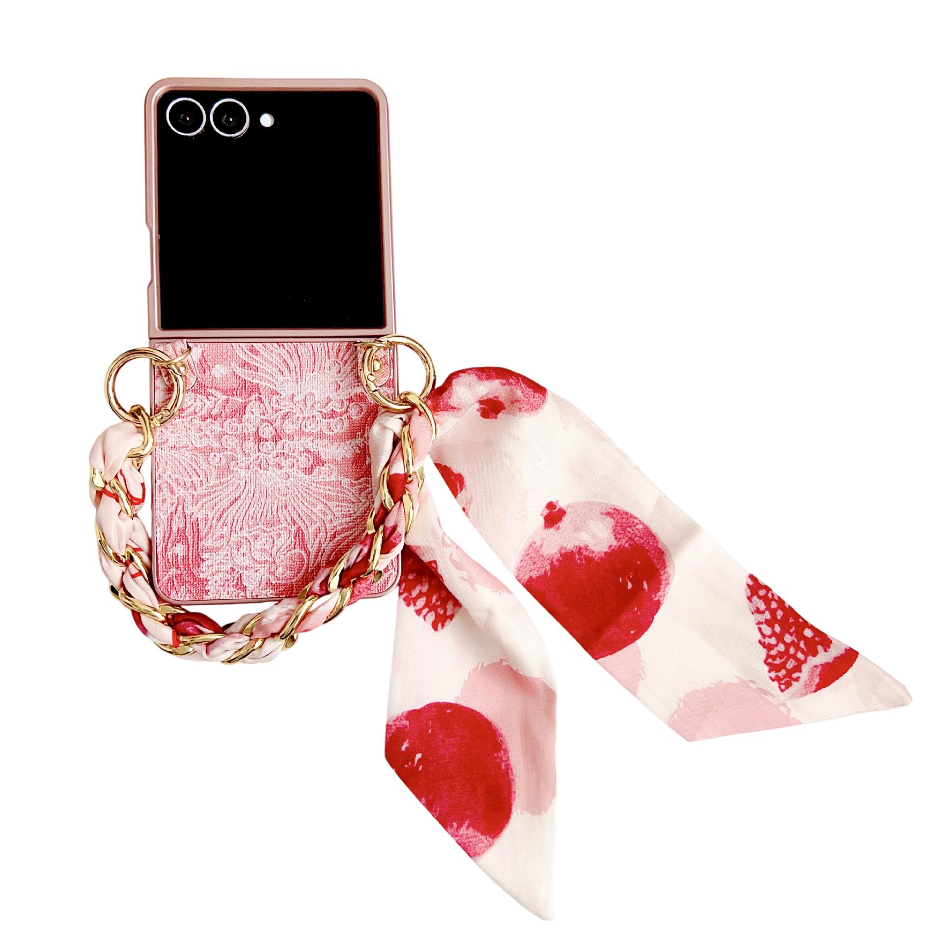 

Чохол для Samsung Z Flip7/6/5/4 - Шкіряний з китайською вишивкою, Дизайн з браслетом-шарфом Z Flip 7 червоний