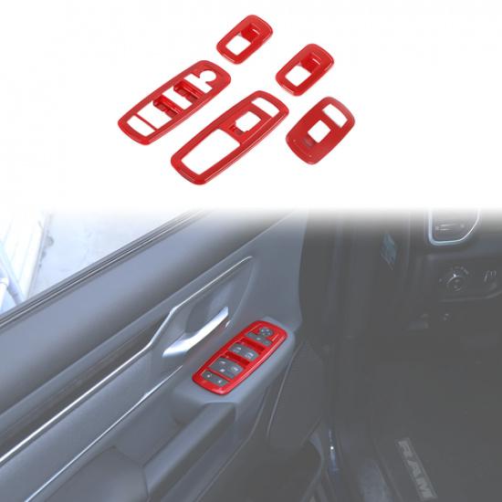 

5pcs Red Interior Window Lift Switch Panel Cover Trim for Dodge Ram 1500 2018+