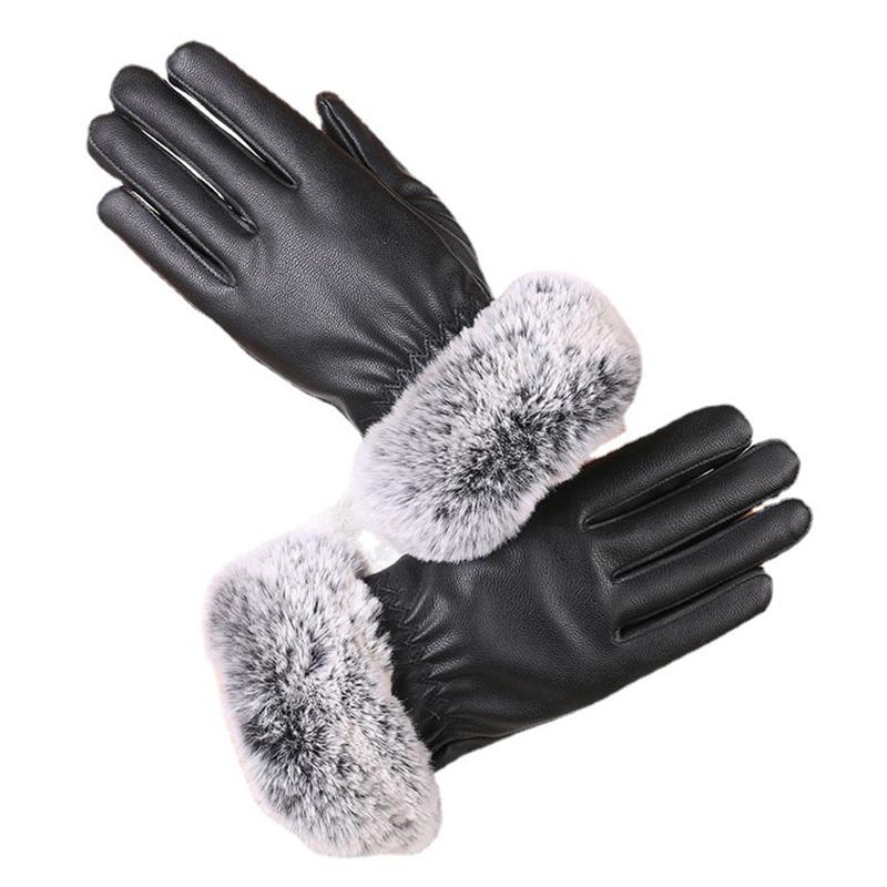 1 Pair Women Winter Warm Gloves Women Lady Black Pu Leather Gloves Autumn Winter Warm Rabbit Fur Mittens Warmth Warmer Mittens