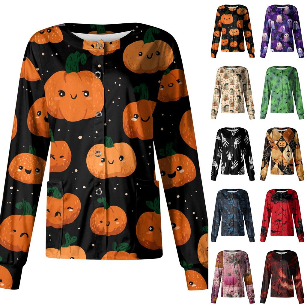 Women's Casual Long Sleeve Single Breasted Halloween Print Costume Cardigan