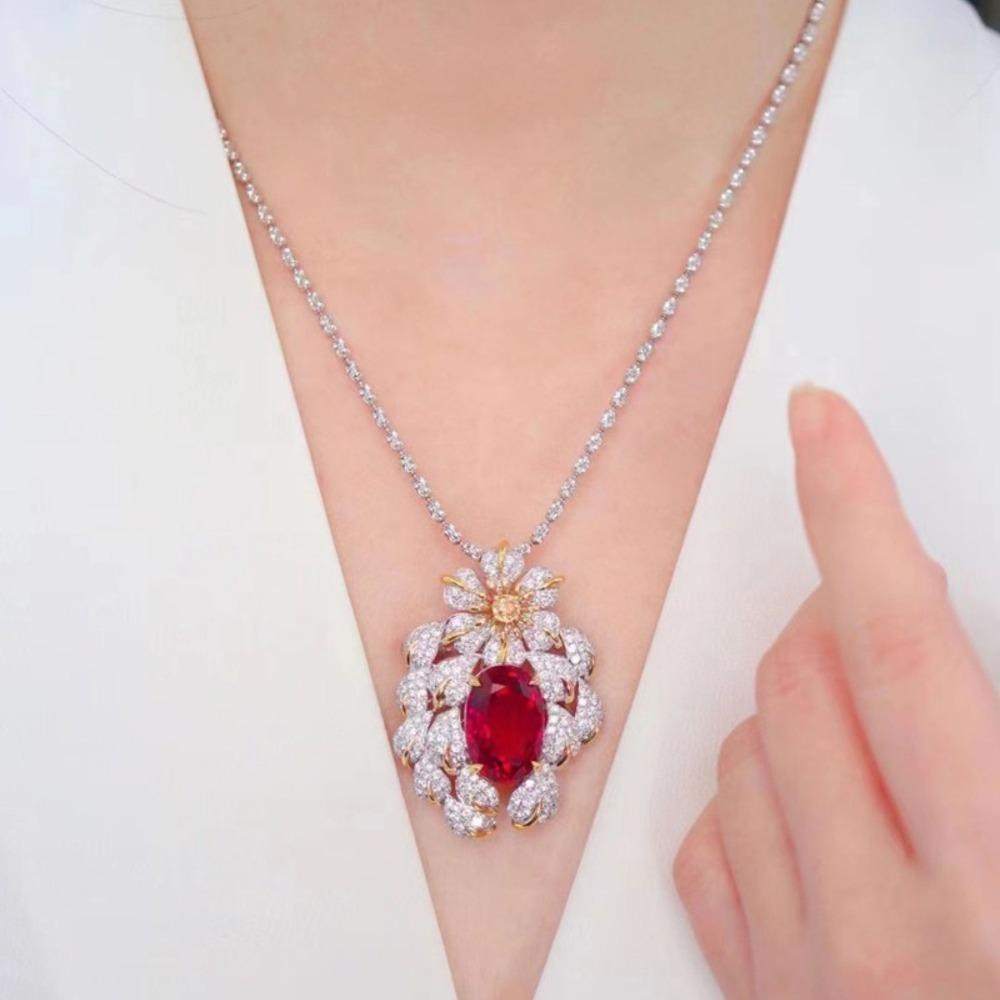 Exquisite Italian Vintage Pigeon Blood Ruby Necklace Brooch Two Way Design Aquamarine Emerald Gemstone Jewelry