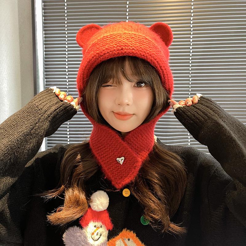 Cute~ Three-dimensional Bear Ears Knitted Wool Hat Women's Big Head Circumference Versatile Face Fashion Hat Thermal Ear Hat
