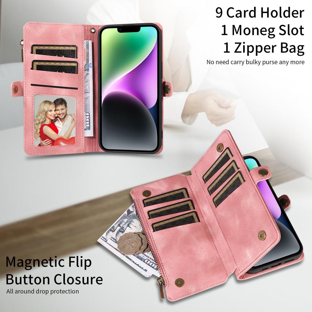 For iPhone 15 RFID Blocking Stand Leather Case Drop-proof Phone Cover Zipper Pocket Wallet with Strap
