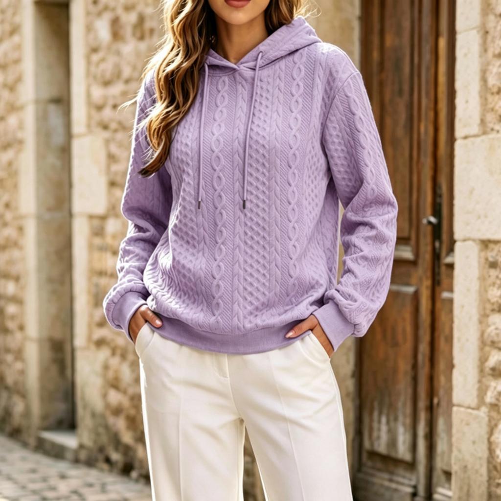 Damenmode Lockerer Pullover mit Kapuze und Zopfmuster