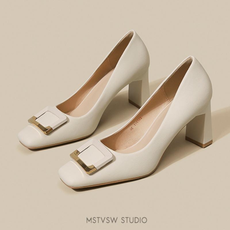 

New Spring Pu Pumps Women Fashion Metal Decoration Female Slip on Square Toe Work Shoes Thick Heel Women s Single Shoes S01