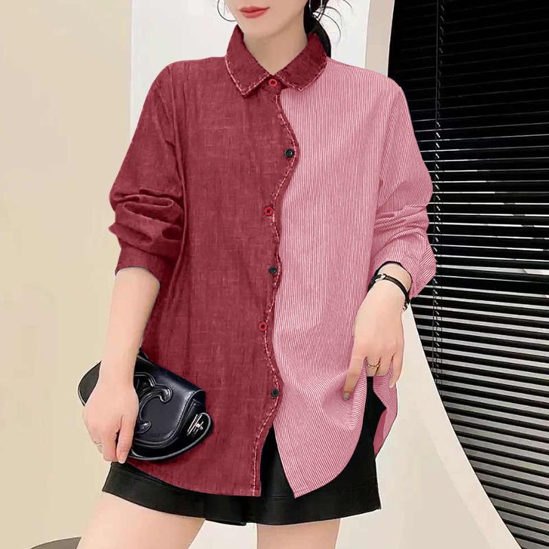 ZANZEA Women Casual Turn Down Collar Long Sleeve Splice Blouse