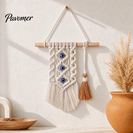 Durable Rope Wall Tapestry Bohemian Tapestry, Blue Evil Eye Braided Knotted Cotton Protective Decoration for Home Nursery Bedroom Living Room