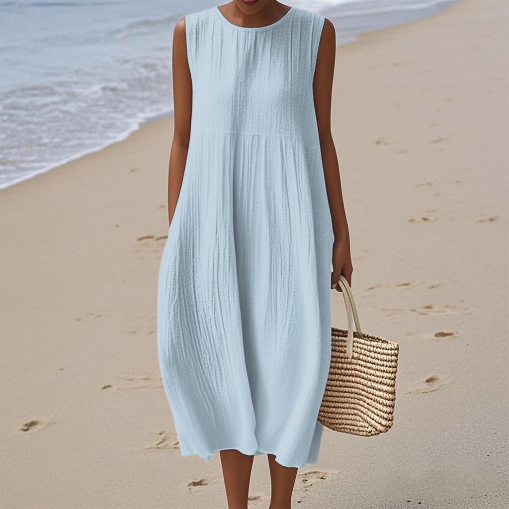 Women's Fashion Casual Sleeveless Round Neck Solid Color Elegant Temperament Dress