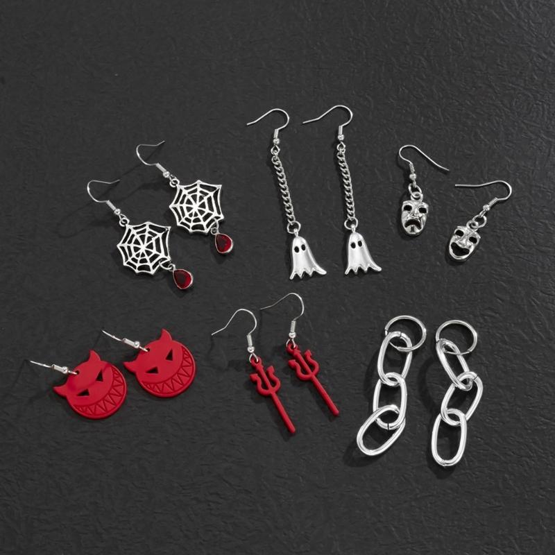 6 Pairs Women Studs Holiday Earrings Halloween Devil Spider Skull Ghost Earrings Cool Dangle Earring Party Jewelry Lover