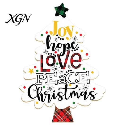 Festive Home Decor Accents Colorful Christmas Tree Tabletop Decor, Wooden Plaid Patterned Xmas Signs with Small Party Favors Merry Greetings,