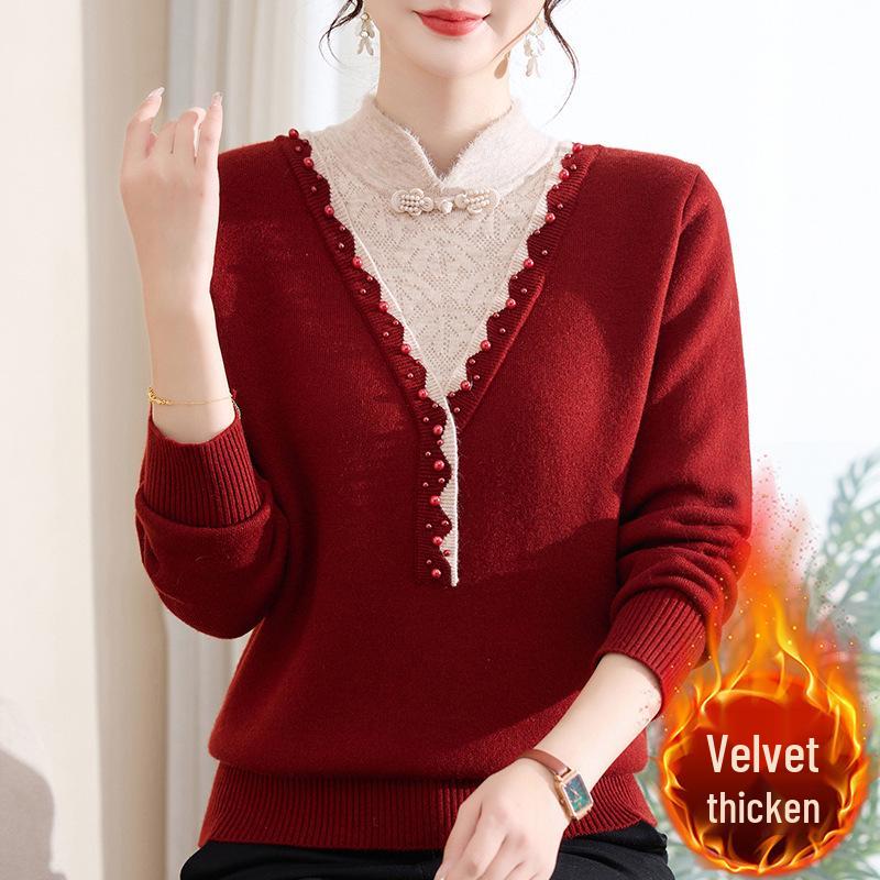 

Red Velvet Knit Top: Thick, Warm, Fashionable Mid-Collar Base Layer for Women 4XL (Recommended for 130-140 lbs)