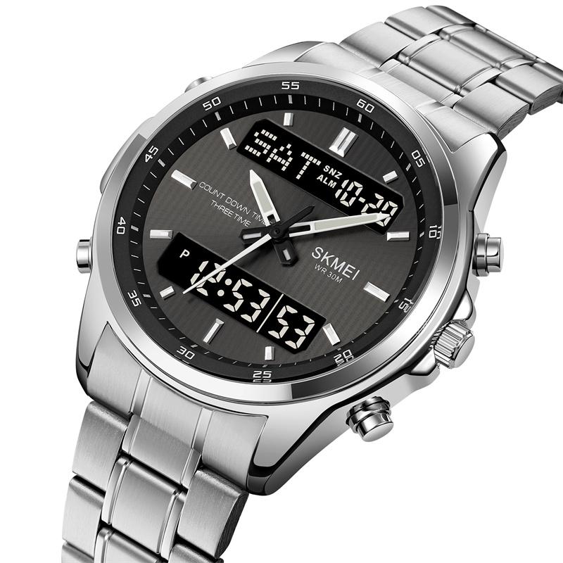 Skmei Mens Quartz Analog Bracelet Watches Luxury Stainless Steel Strap Led Waterproof Digital Sports Three Time Zone Alarm Clock