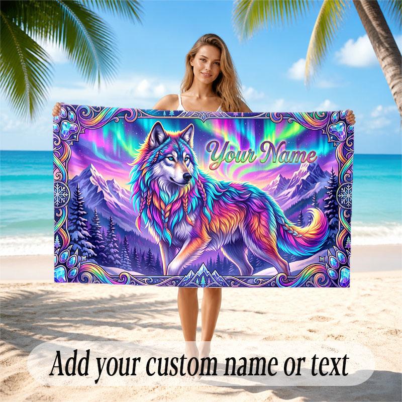 Wolf Theme Beach Towel Personalized Custom Name & Text Soft Quick Dry Beach Towel for Swimming Travel